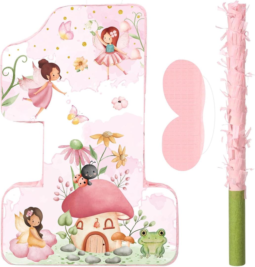 Blosssound Fairy Piata Fairy 1st Birthday Decorations Supplies Flower Fairies Princess Number One Piata Set with Stick Blindfold for Wonderland Garden Theme Baby Shower Celebration Decor(Birthday)