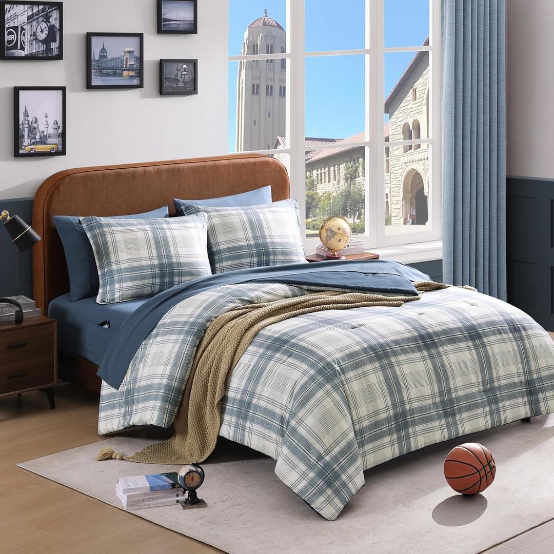AMBERSPACE Full Size Comforter Sets, Blue Grey Plaid Bedding Set 7 Piece for Boys Girls Teen, Classic Homestead-Style Kids Comforter Set Bed in A Bag with Sheets, Pillowcases & Shams