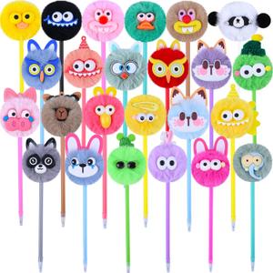 LiYiQ 24 Pcs Pom Pom Pen Fluffy Pen Cute Fun Pens Kawaii Pens for Girl Colorful Plush Animals for Classroom Prizes Office Supplies