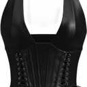 WDIRARA Women's Pu Leather Sleeveless Halter Tops Lace Up Backless Crop Corset Top Sexy Clubwear (Medium, Black)