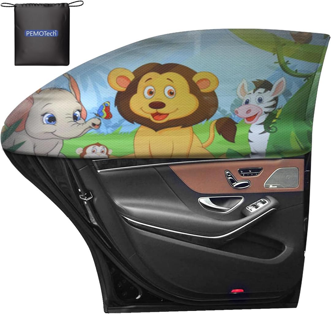 PEMOTech Car Window Shade for Baby, 2 Pack UV Protection Car Side Window Sun Shades Cartoon Animal Design, Universal Stretchable Sun Shades, Privacy Protect for Kids, Family, Pets, Tints (27.2"x39.8")