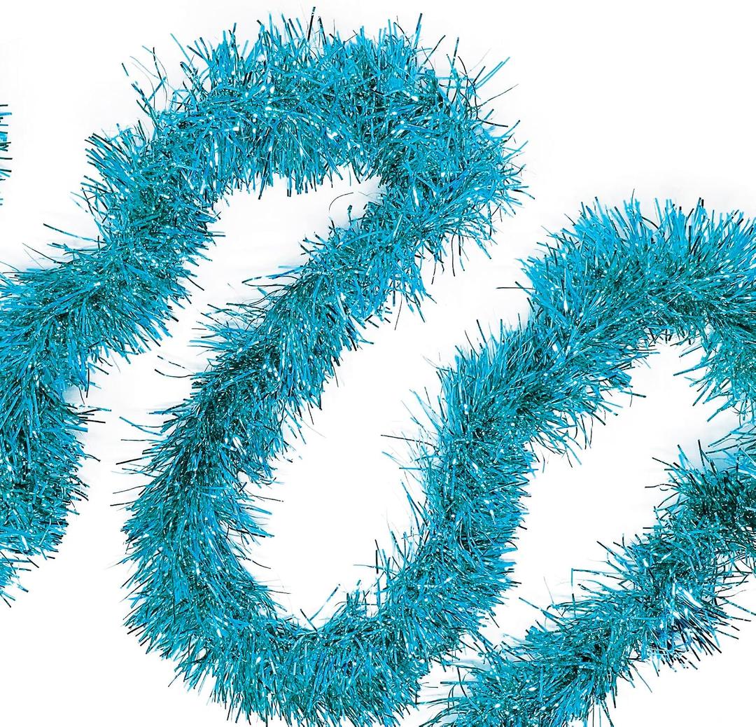 Allgala Light Blue Tinsel Garland, 50 Feet Christmas Metallic Foil Tinsel Garland Decoration for Holiday Tree Walll Rail Home Office Event Fall Thanksgiving Decoration