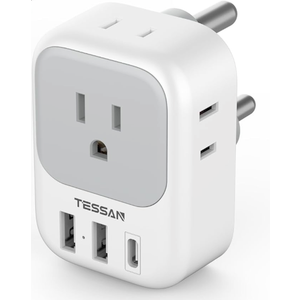 South Africa Plug Adapter 1 Pack, TESSAN Type M Power Adapter with 4 AC Outlets 3 USB Ports(1 USB C), Travel Adaptor US to Botswana Namibia Nepal Bhutan