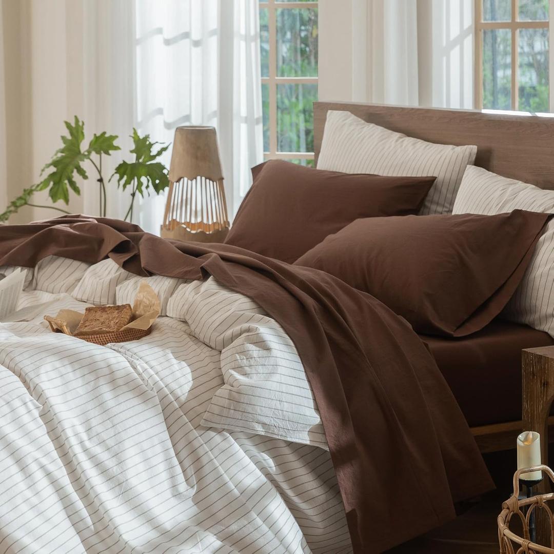 MooMee Bedding Sheet Set 100% Washed Cotton Linen Like Textured Breathable Durable Soft Comfy (Solid Cocoa Brown, King)