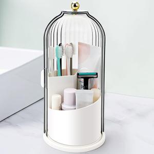 Bathroom Brush Organizer - Enclosed Toothbrush Holder, 3 Slot Storage Case with Charm, Cosmetics Display Stand with Ease, Rotating Sliding Lid Style, Holder for Vanity, Home, Apartment
