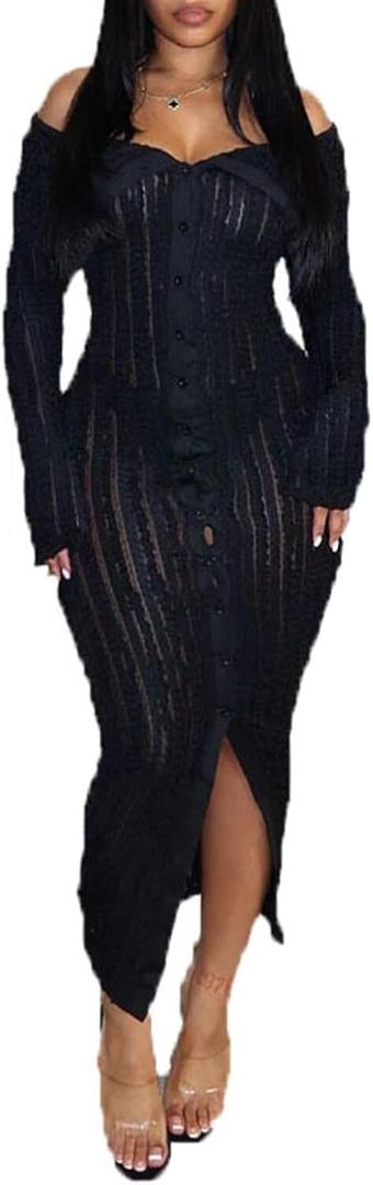 Aro Lora Womens Sexy Off Shoulder See Through Pleated Button Down Slit Bodycon Maxi Dress (Small, Black)