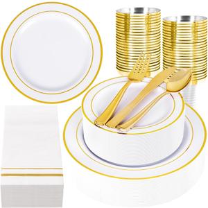 GATHER 350PCS Gold Plastic Plates - White and Gold Disposable Plastic Dinnerware Set Include 50 Dinner Plates, 50 Dessert Plate, 150 Silverware, 50 Napkins, 50 Cups for Party & Wedding
