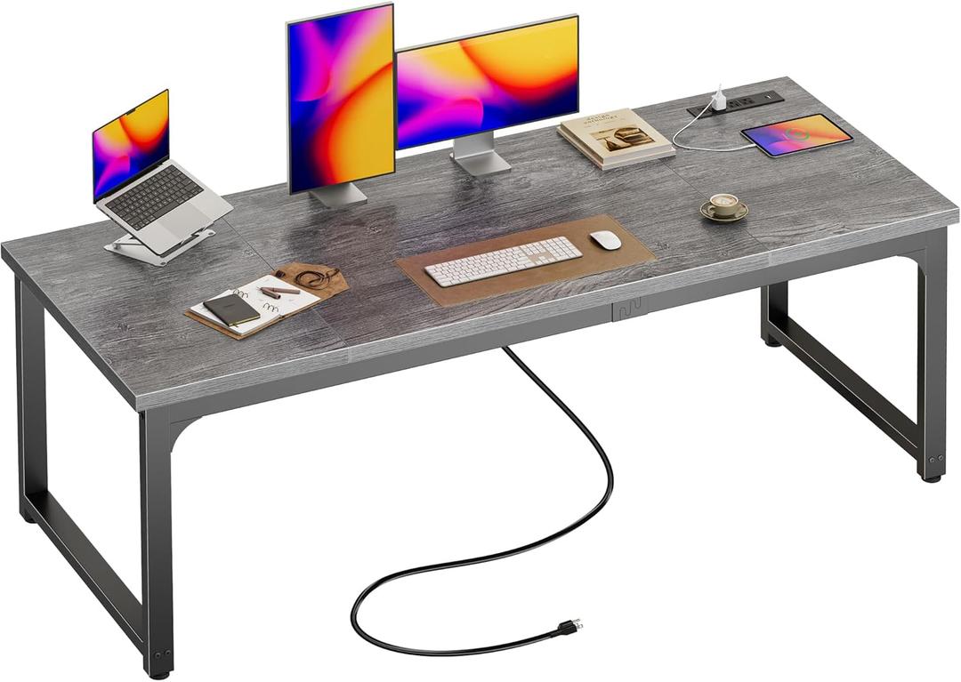 Huuger 63 x 24 inch Desk with Power Outlets & USB-C, Deeper & Thicker Desktop, Robust Metal Tubes, Computer Desk, Heavy Duty Office Desk, Work Gaming Desk, for Home Office, Grey