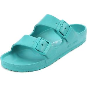 VICT POPU Womens Sandals Adjustable Double Buckle Strap Waterproof EVA Flat Slides (11, Lake Blue)