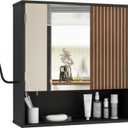 Bathroom Wall Cabinet With Mirror,wall mounted bathroom cabinet,Medicine Cabinet with 2 Door ,Side Hook,Light and Adjustable Shelves,Black Cabinet with Wood Grain,Over The Toilet Space Saver Cabinet.
