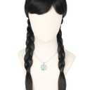 Kids Girls Wednesday Wig Black Long Straight With 2 Braids Halloween Costume Wigs