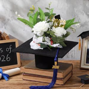 Novabright Black 2026 Graduation Flower Bouquet Grad Centerpiece Graduation Cap Flower Box Floral Arrangements Candy Gift Box for Class of 2026 Ceremony Table Party Favors