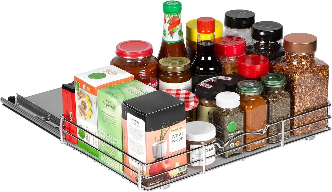 Pull-Out Cabinet Spice Rack Organizer - Slim Slide-Out Storage for Spices, Bottles & Jars, Premium Heavy-Duty Steel, Easy Install for Narrow Kitchen Cabinet - 16 W x 10 D x 2 H, Chrome