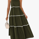 Boho Summer Dresses 2025 Spaghetti Strap Backless Sundress RIC Rac Trim Tiered A-Line Long Casual Vacation Dress, Large