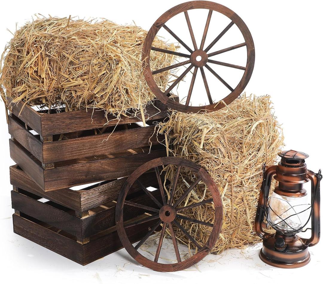 6 Pack 13 x 9 x 6 Inch Straw Hay Bale Stack Decoration Set Rustic Wooden Wagon Wheel Natural Hay Bales Boxes Western Cowboy Birthday Decor Photo Booth Props(Brown,Rustic)