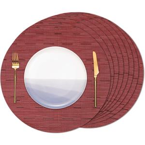 Round Placemats Set of 8 Heat Resistant Vinyl Placemats 15 inch Washable Non-Slip Table Mats Woven Place Mats for Dining Table (Red, Set of 8)