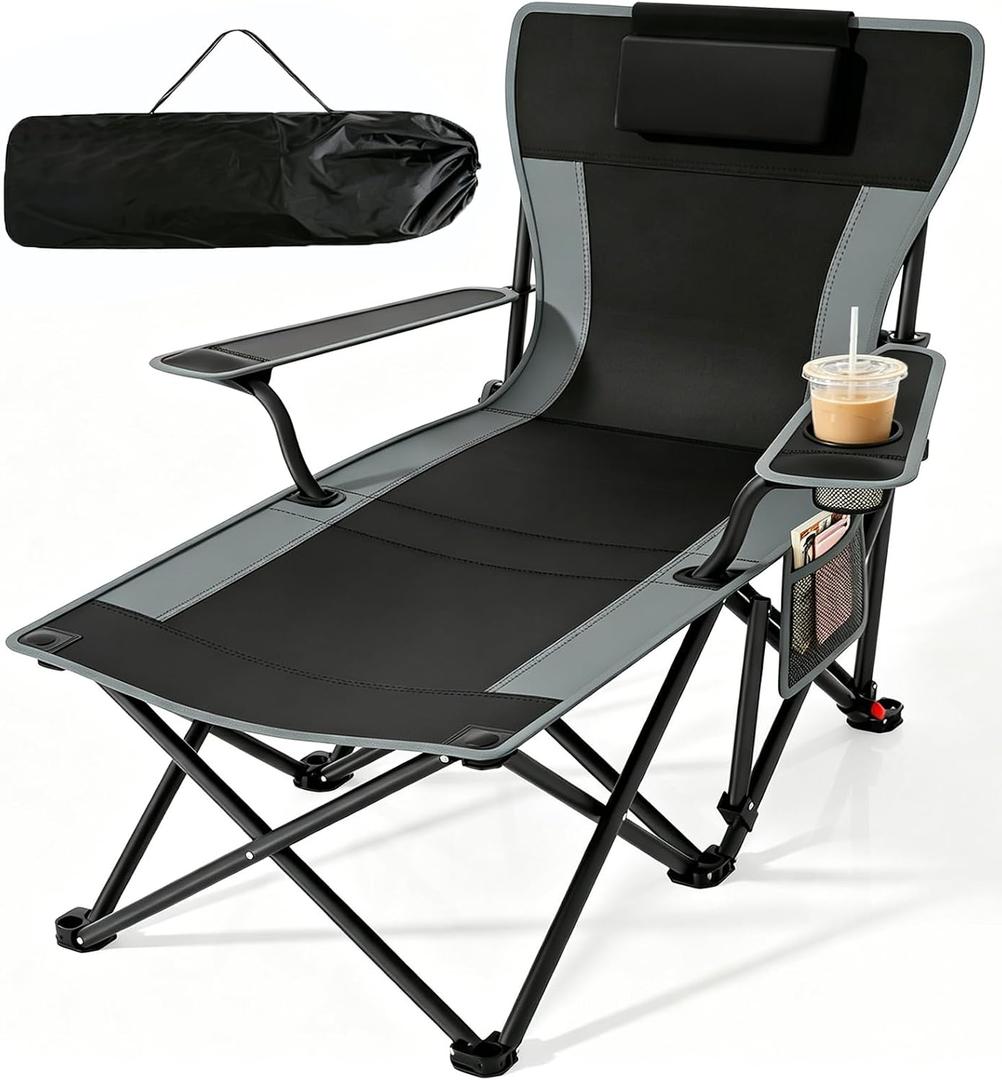 Suteck Camping Chair with Foot Rest, Reclining Folding Beach Chairs, Black