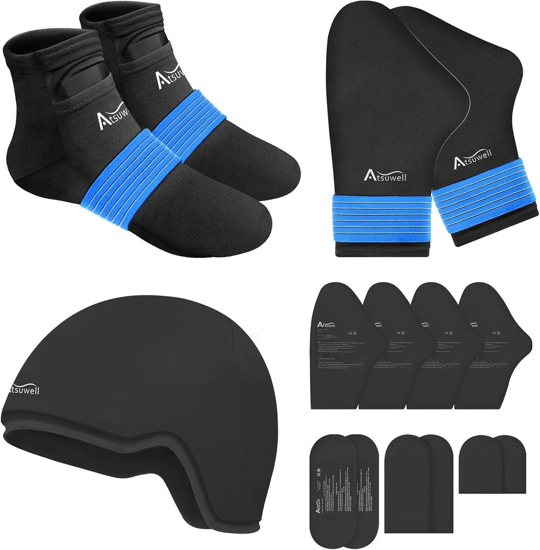 Atsuwell Cold Therapy Socks & Hand Ice Pack Cooling Cap for Chemotherapy Neuropathy, Reusable Cold Compression with Adjustable Strap, Chemo Care Package for Women & Men, Black, S/M