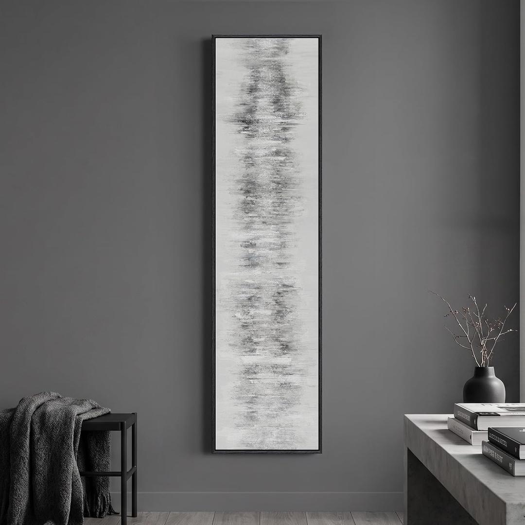 Framed Long Narrow Black and White Abstract Vertical Wall Art, 14x56 Inch