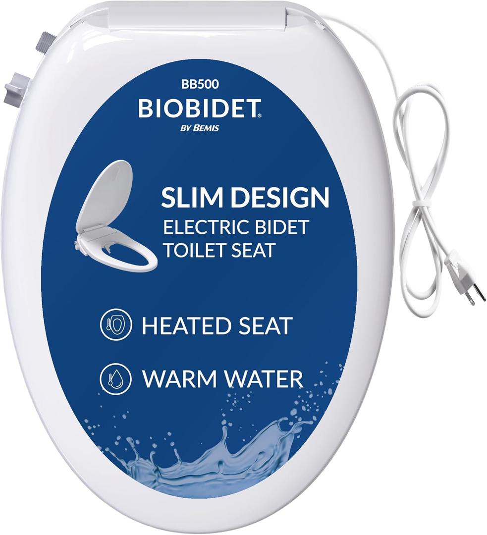 Bio Bidet BB500 Low Profile Electric Bidet Toilet Seat, Warm Water, Slim Heated Seat with Smart Sensor and Slow Close Lid, Night Light, Elongated, White