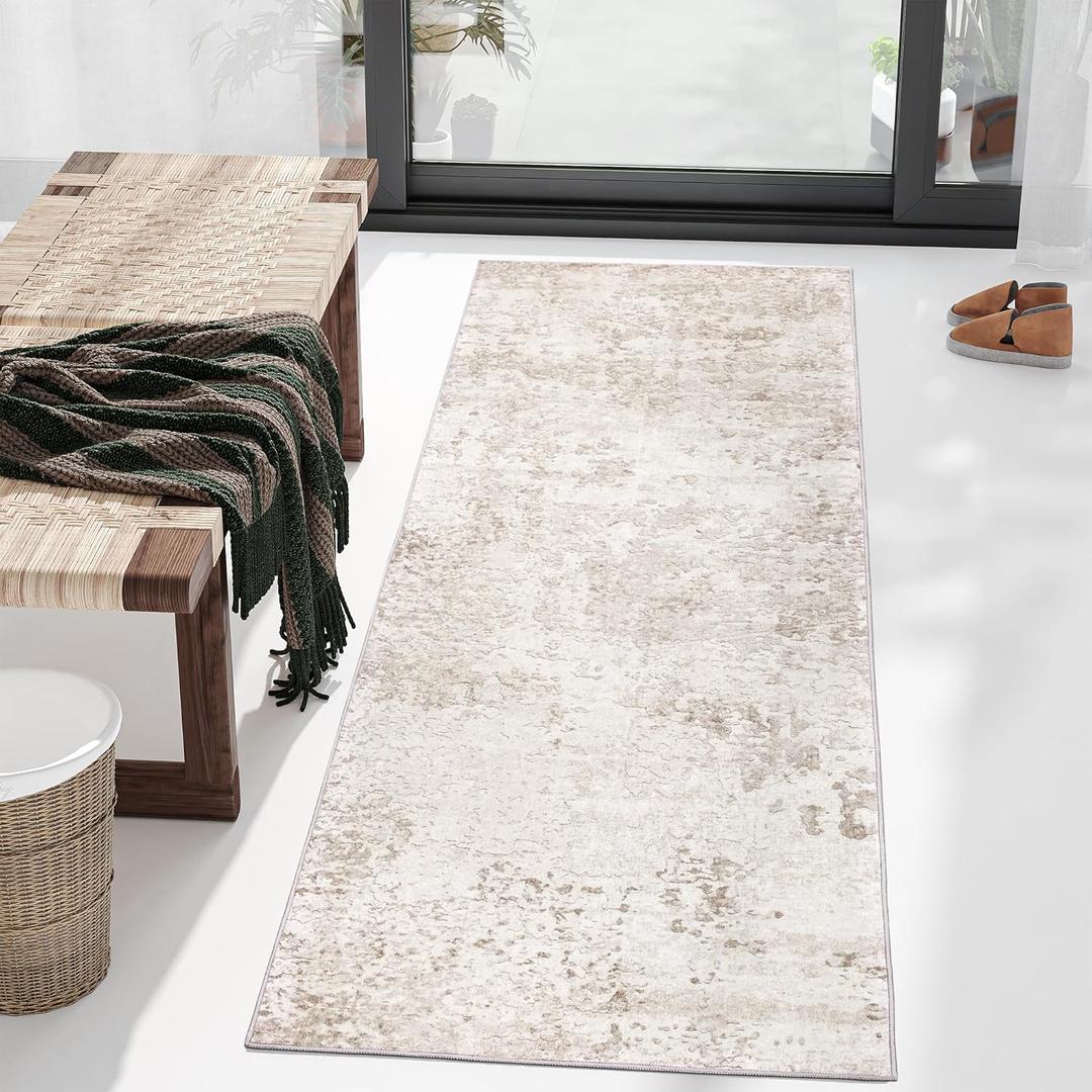 Art&Tuft Runner Rug 2'6x8' - Anti-Slip Backing Abstract Hallway Rug, Stain Resistant Kitchen Rugs, Foldable Machine Washable Area Rug 2.6x8, Beige (2'6" x 8' (Runner), Tpr53-beige)