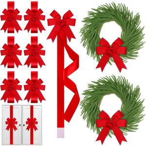 Crowye 12 Pcs Christmas Door Cabinet Bows and Kitchen Cabinet Wreaths Set Red Christmas Kitchen Ribbons Bows Xmas Mini Norfolk Wreath Hanging Decorations for Xmas Door Farmhouse Window Fireplace