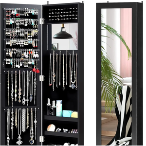 Full Length Mirror Jewelry Cabinet, Wall Door Mounted Jewelry Organizer with Makeup Mirror, Ring Slots & Necklace Hooks, Large Storage Jewelry Armoire for Bedroom, Dressing Room (Black)
