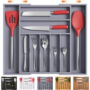 Kitchen Silverware Drawer Organizer and Storage Cabinet Utensil Rack Bathroom Counter Vanity Extra Large Big Cooking Drawer Organizers Countertop Pantry Storage Cabinet Best Kitchen Must Haves 2025 (9 Slots Expandable, Gray)
