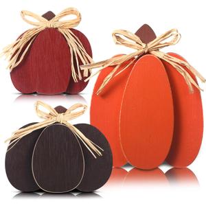 Faccito 3 Pcs Fall Decorations Wooden Pumpkin Signs Thanksgiving Table Centerpieces Autumn Tiered Tray Decorations Farmhouse Pumpkins Block with Straw Bow for Home Mantel Harvest Party(Retro Color)