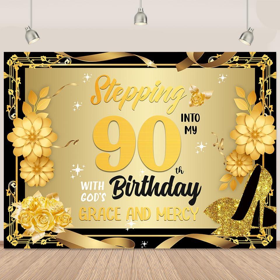 Gold 90th Birthday Decorations for Women Stepping Into My 90th Birthday Banner with God's Grace and Mercy Photography Background Black Gold Women Men Party Decorations Banner 5.9x3.6FT