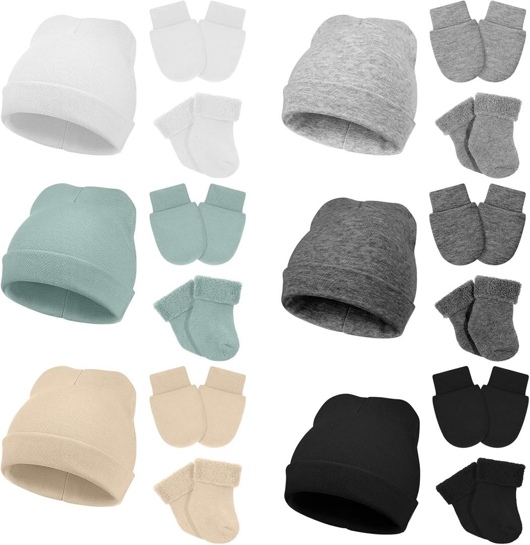 Toulite 6 Pack Preemie Hats Mittens and Socks Set Cotton Preemie Beanie Hat Socks and No Scratch Mittens (Simple Color)
