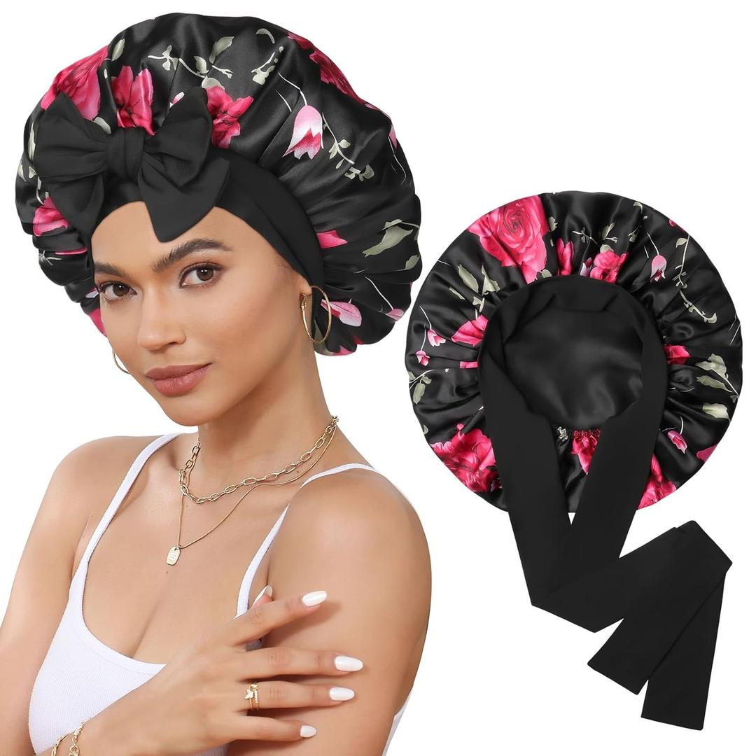 Satin Bonnet Silk Bonnet for Sleeping Silk Sleep Cap Double Layer Hair Bonnet with Elastic Tie Band for Curly Hair Night Cap (Black Flower + Black)