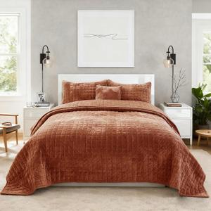 Quilt Set Oversized King Size 120x120 Luxurious Velvet Bedding Sets with 2 Pillow Shams 20x36 3 Pieces Ultra Soft Quilted Bedspread Coverlet Comforter for All Season,Rust, Super King-120x120