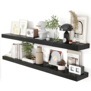 Heimlove 55 Inch Floating Shelves for Wall 8 Inch Deep Black Shelves Set of 2,Wall Mounted Rustic Wood Long Floating ShelfLarge Extra Display & Storage Shelf with Invisible Brackets