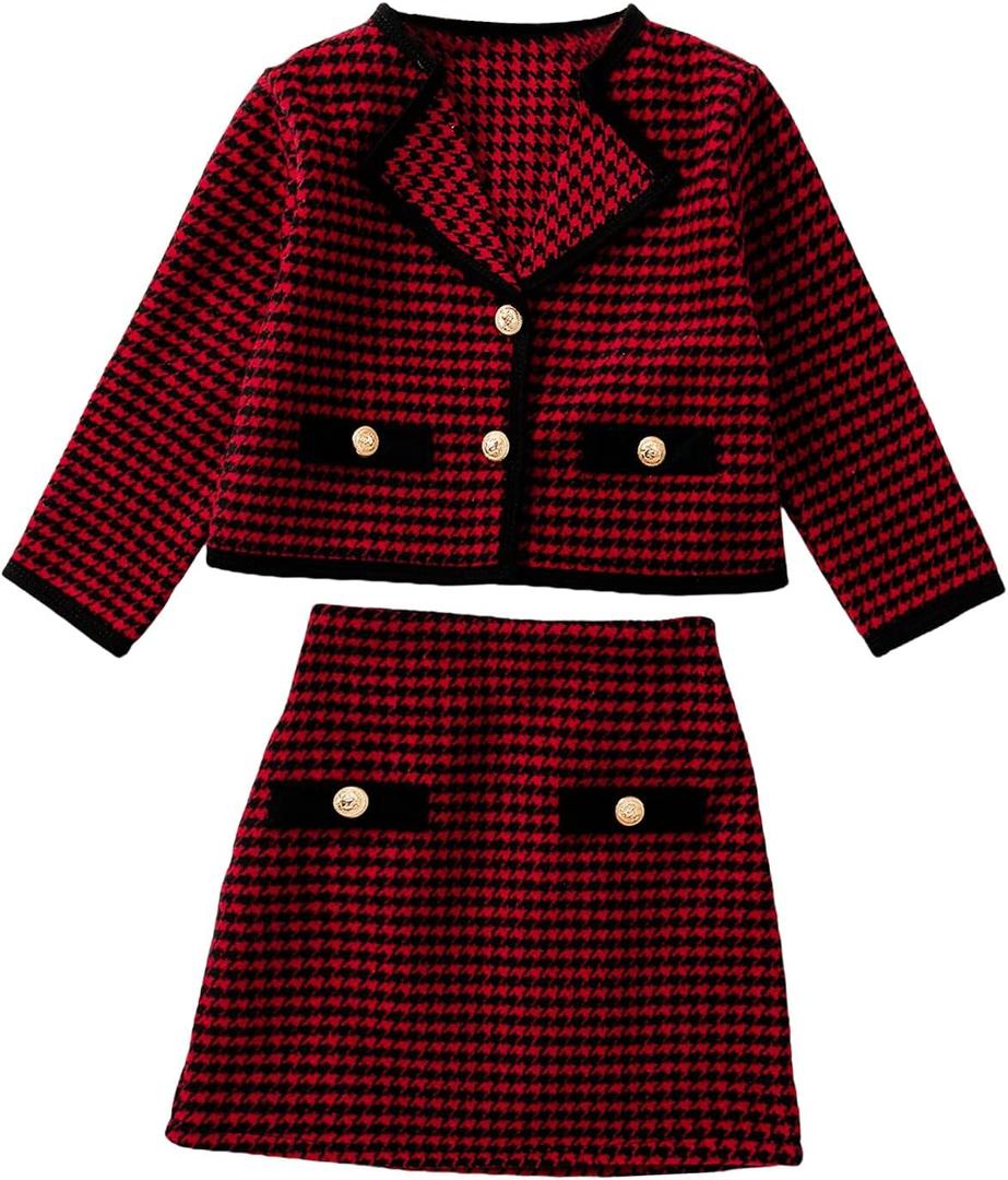 WDIRARA Girl's 2 Piece Houndstooth Outfits Tweed Jacket and Skirt Set Tea Party Suits (Red, M)