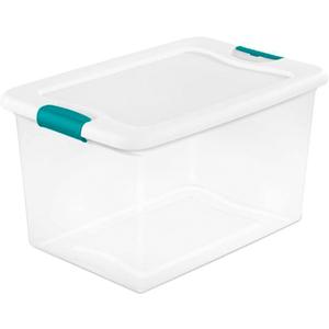 Sterilite 64 Qt Latching Storage Box, Stackable Bin with Latch Lid, Organize Clothes, Blankets, Sports Items in Closet, Clear with White Lid, 1-Pack