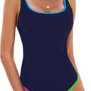 BMJL Women's One Piece Swimsuit Sports Adjustable Strap Bathing Suit Color Block Ribbed High Cut Swimsuits (Medium, Rainbow Navy Blue)