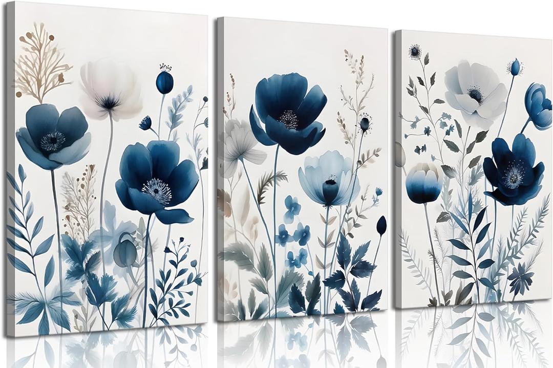 3Pcs Flower Canvas Wall Art Navy Blue Wildflower Wall Decor Pictures Modern Watercolor Boho Botanical Floral Posters Prints for Bedroom Living Room Home Decoration 12x16in