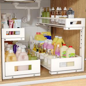 2 Pack 20.47IN Depth Under Sink Storage Organizer, Large 2-Tier Elegant Mesh Pull Out Shelf for Kitchen and Bathroom Cabinet Organization, L-Shaped and Adjustable Height Design-White