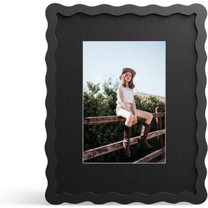 8x10 Picture Frame with Mat for 5x7, Wavy Edge Wooden Real Glass Photo Frame for Tabletop and Wall Hanging, Black, 1 Pack