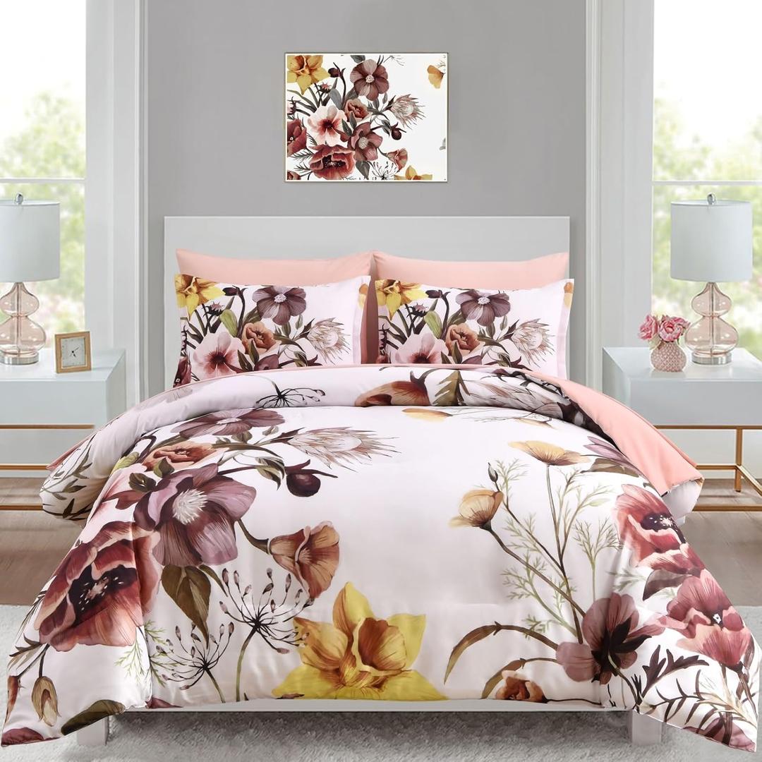 Luxudecor Floral Comforter Set King Size 7 Piece, Blush Flower Bed in a Bag, Elegant Floral Comforter with Sheet Set, Soft Microfiber Bedding Set for All Season (Blush, 104"x90")