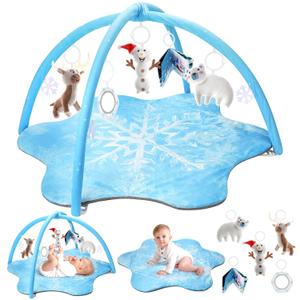Oversize Tummy Time Baby Play Mat with 5 Sensory Toys, Winter-Themed Development Mat for Newborn to 18 Months, White (Blue)
