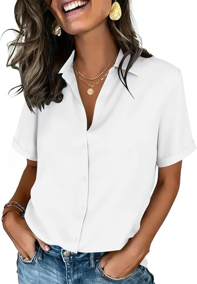Zeagoo Button Down Shirts for Women Short Sleeve Collared Tops Dressy Casual V Neck Blouses XL
