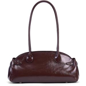 Vintage Shoulder Bag - Glossy Leather Top Handle Handbag, Retro Minimalist Dome Shoulder Purse, Elegant Underarm Bag Maple