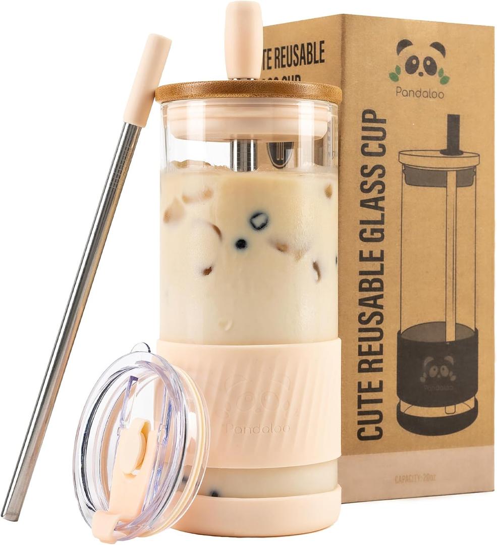 Pandaloo Glass Cups With Lids and Straws -20 Fl Oz- Perfect Size Iced Coffee Cup - Smoothie Cup With Bamboo Lid and On the go Lid - Glass Tumbler With Straw (1 Count (Pack of 1), Vanilla Cream)