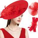dressfan Wide Brim Fascinator Derby Hats for Women,20s Detachable Flower Hat with Headband for Derby Church Wedding Tea Party (Red)