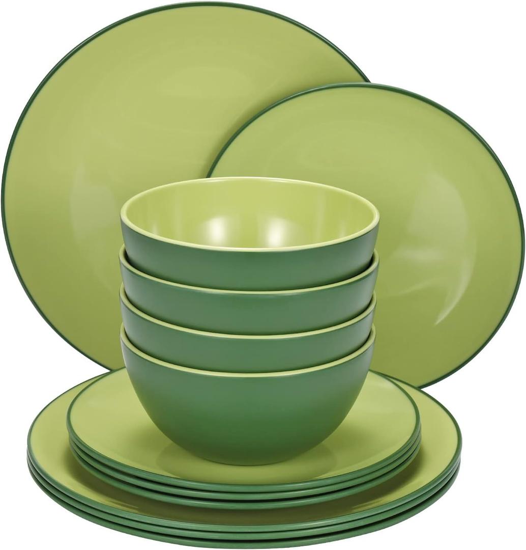 TP 12-Piece Melamine Dinnerware Sets, Plates and Bowls Dishes Set for 4, Break-Resistant & Non-Microwavable, Lightweight Dinner Plates, Avocado Green