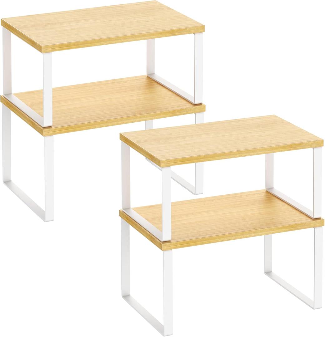 Kitchen Cabinet Organizer Shelf Set of 4, Sturdy Kitchen Counter Shelves with Metal Legs, Stackable Expandable Wood Spice Rack Pantry Cupboard Dish Mug Cup Storage Organizer Shelf,White+Bamboo