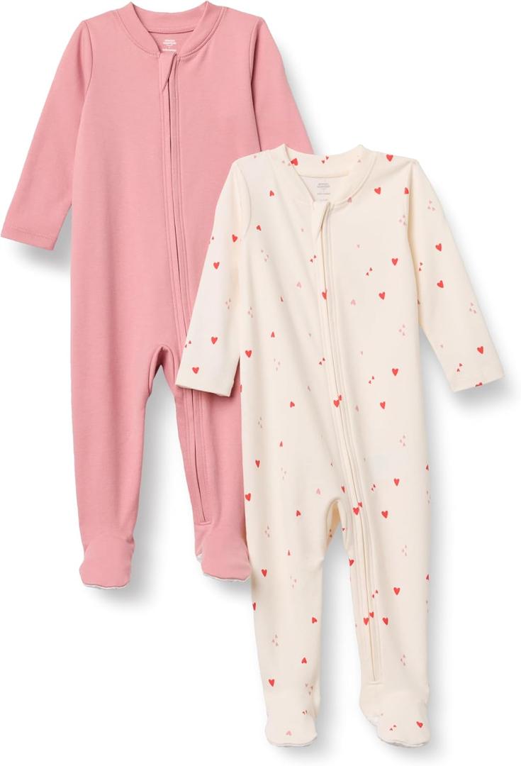 Amazon Essentials x Sofia Grainge Unisex Babies' Cotton Footed Sleep and Play One-piece Bodysuit, Pack of 2 (0-3 Months, Blush/Multi Hearts)