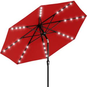 AreShark 9FT Patio Umbrella with Solar Lights, 32 Lighted Pool Umbrella w/Tilt and Crank, Outdoor Market Solar Umbrellas for Garden, Deck, Backyard, Pool and Beach, Red